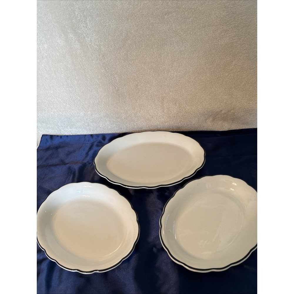 VTG Buffalo China Dinner Plates Oval Scalloped Black Edge Set Of 3